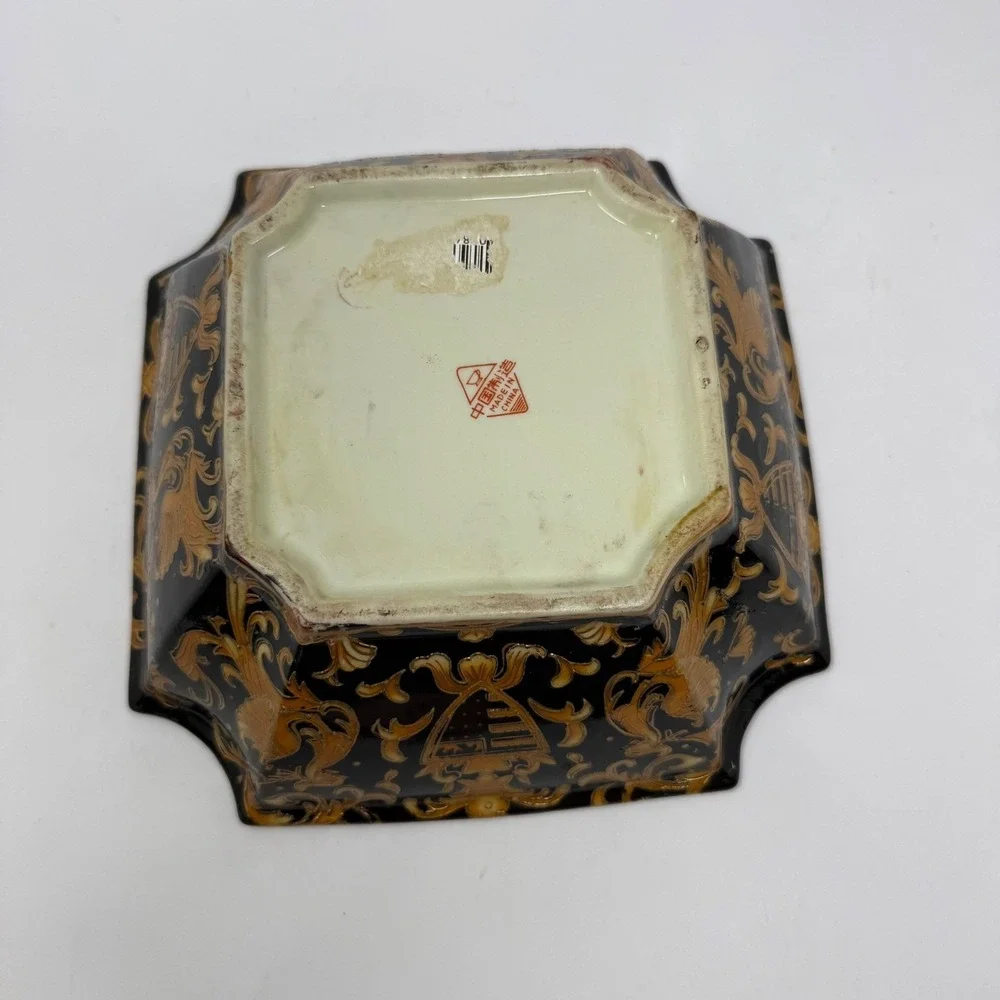 Vintage Bowl Black Gold Heraldic French Phoenix Crest‎ Square Chinoiserie 8